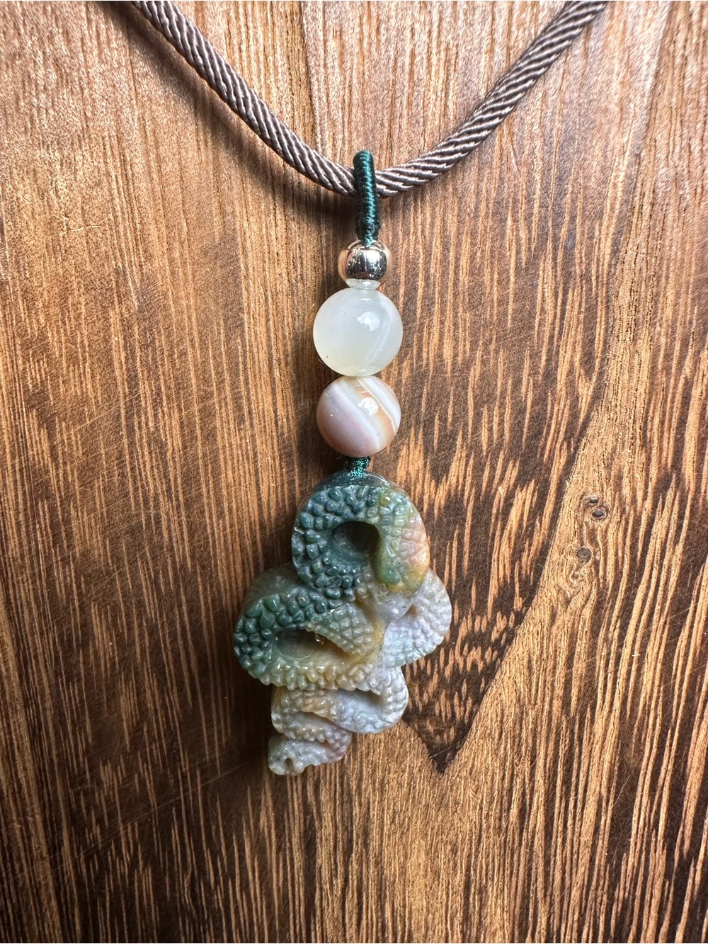 Ocean Jasper Snake Pendant Necklace with Agate and Moonstone on Brown Rope